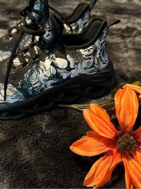 Women’s Black Floral Skull Athletic Sneakers